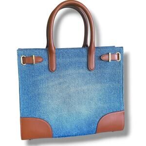 Lauren Ralph Lauren Devyn Denim Tote Bag Purse Leather Trim Sz Medium New